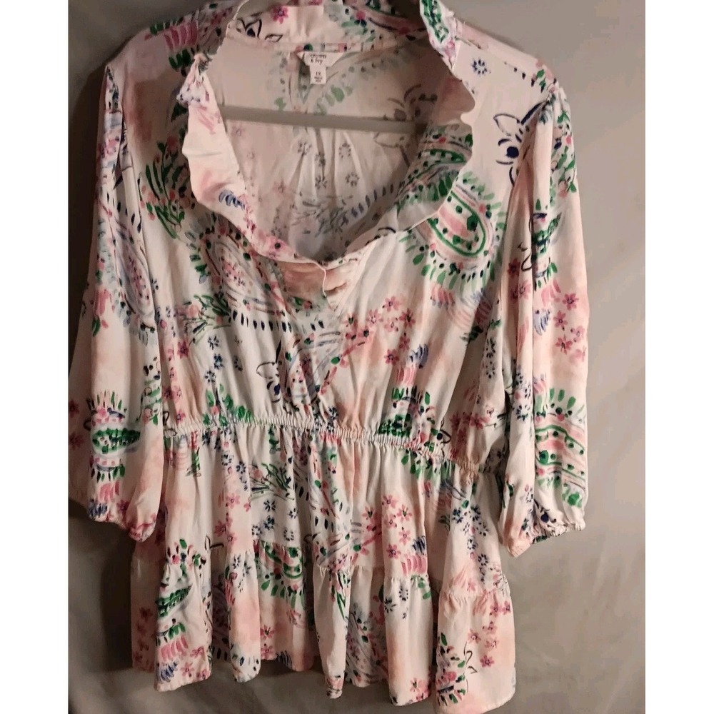 Crown & Ivy Women 1X TOP 3/4 Sleeves Rayon Spandex Ruffled V Neck Peplum Waist